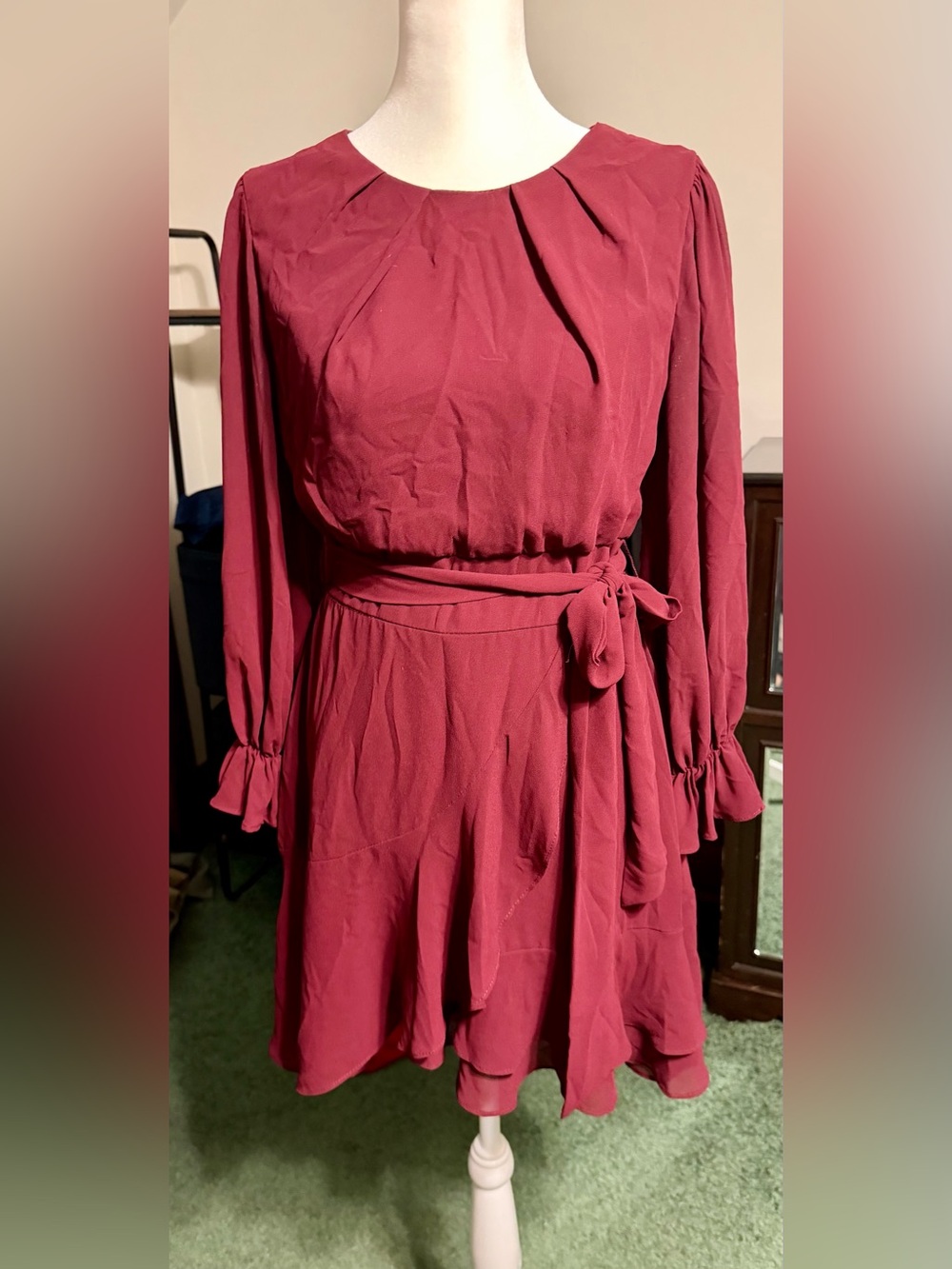 Burgundy Belted Long Sleeve Mini Dress l PTP 18